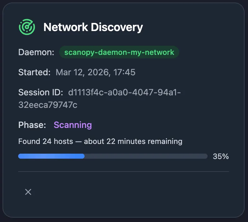 Discovery progress indicator showing scan phases and completion status